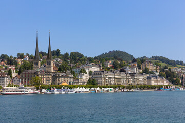 Restaurants, bars and hotels on the waterfront at Lake Lucerne in Switzerland