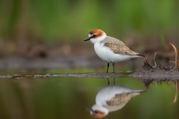 Graceful Wetland Bird: Fluffy Red-Capped Plover Standing Proudly in Natural Habitat, fluffy, red-capped plover, wetland, bird, natural habitat, environment, wildlife, nature, 