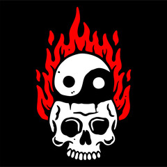 illustration vector of skull head and yin yang symbol burning red flame