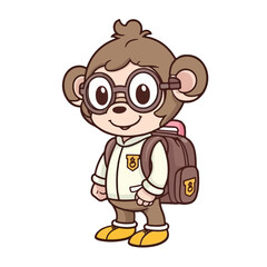 Mascot cartoon of cute smile monkey go to school wearing school bag. 2d character vector illustration in isolated background