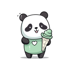 Mascot cartoon of cute smile panda holding delicious ice cream cone. 2d character vector illustration in isolated background