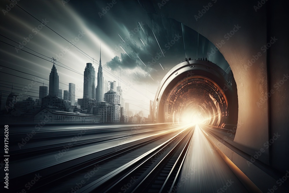 Poster train passing through a tunnel with a cityscape in the backdrop. generative ai