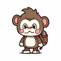 Mascot cartoon of cute smile monkey go to school wearing school bag. 2d character vector illustration in isolated background