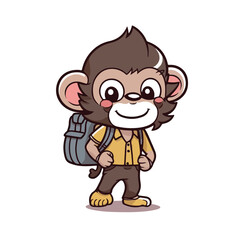 Mascot cartoon of cute smile monkey go to school wearing school bag. 2d character vector illustration in isolated background