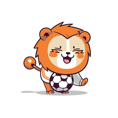 Mascot cartoon of cute smile lion playing football soccer. 2d character vector illustration in isolated background