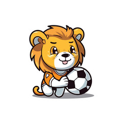 Mascot cartoon of cute smile lion playing football soccer. 2d character vector illustration in isolated background