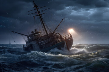 Fototapeta premium Lightning Striking Ship On Rough Seas. Generative AI