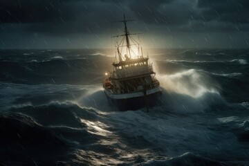 Obraz premium Lightning Striking Ship On Rough Seas. Generative AI