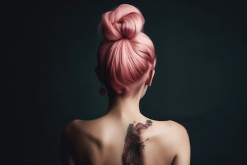Pink Hair Styled In Top Knot Back View. Generative AI