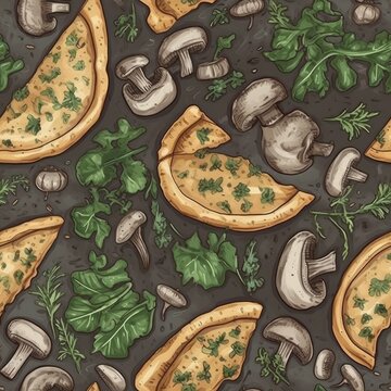 Mushroom Pizza With Truffle Oil And Arugula. Seamless Wallpaper Background.. Generative AI