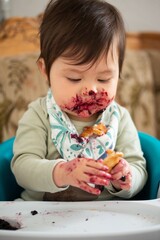 young child enjoying eating marmalade / jam / jelly