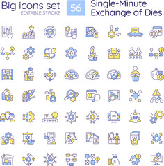 Single minute exchange of dies RGB color icons set. Lean manufacturing. Quick changeover. Production efficiency. Isolated vector illustrations. Simple filled line drawings collection. Editable stroke
