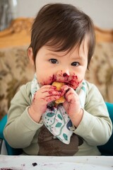 young child enjoying eating marmalade / jam / jelly