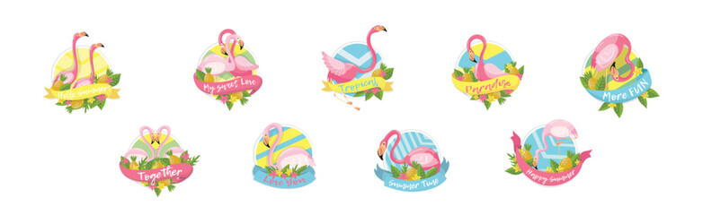 Round Badges with Exotic Pink Flamingo, Pineapple and Leaves Vector Set