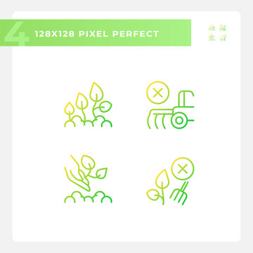 Ecological farming gradient linear vector icons set. Environmentally friendly. Growing healthy food. Thin line contour symbol designs bundle. Isolated outline illustrations collection