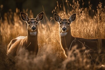 Two Deer Rest In Field Full Of Tall Grass Of Golden Light. Generative AI