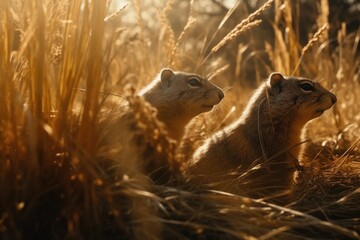 Obraz premium Two Squirrels Rest In Field Full Of Tall Grass Of Golden Light. Generative AI