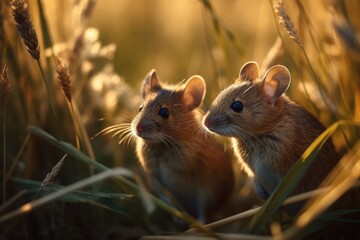 Obraz premium Two Mice Rest In Field Full Of Tall Grass Of Golden Light. Generative AI
