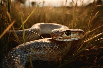 Naklejka premium Two Snakes Rest In Field Full Of Tall Grass Of Golden Light. Generative AI