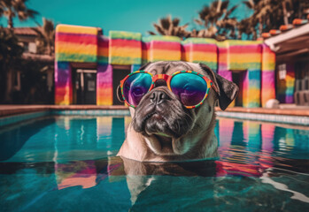 Summer sun cool pug dog relaxing at the palm tree backyard swimming pool wearing sunglasses and having some serious fun all alone at owners Los Angeles mansion, adorable face portrait - Generative AI