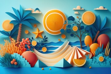 Colorful Summer festive time background in paper craft style. Generative AI
