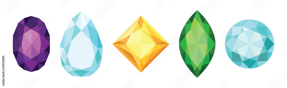 Poster gems and diamonds of different shape and color with facet vector set