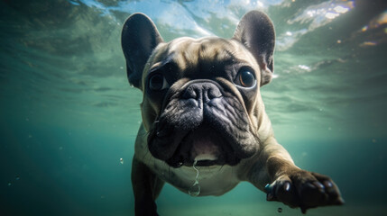French bulldog underwater. Generative AI