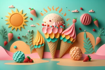 Fototapeta na wymiar Colorful Summer festive time background in paper craft style. Generative AI