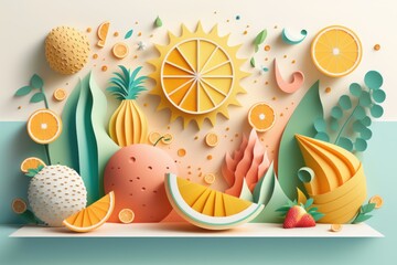 Colorful Summer festive time background in paper craft style. Generative AI