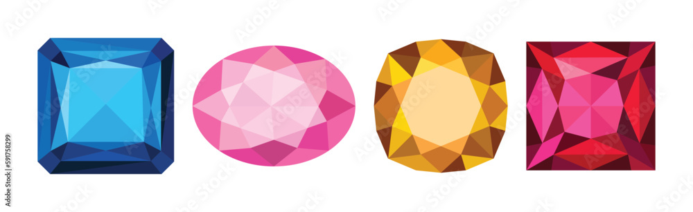 Poster gems and diamonds of different shape and color with facet vector set