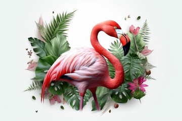 Summer festive with flamingo on white background, Tropical summer time. Generative AI