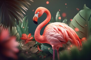 Summer festive with flamingo background, Tropical summer time. Generative AI