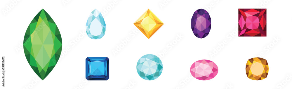Poster gems and diamonds of different shape and color with facet vector set