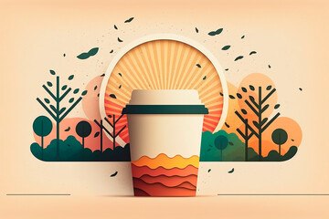 Morning coffee mug with sunshine, flat style drawing. Generative AI.