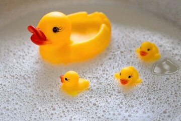 a rubber duck with three ducklings swims in the foam. View from above - 591758474