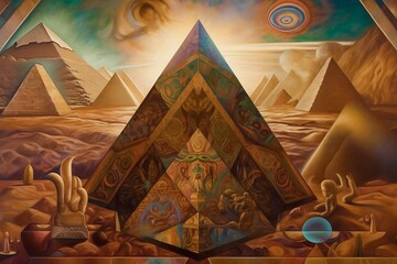 esoteric illustration on the theme of the Egyptian pyramids. AI generated art.