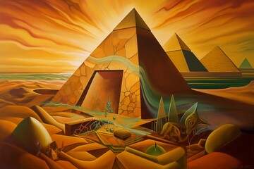 esoteric illustration on the theme of the Egyptian pyramids. AI generated art.