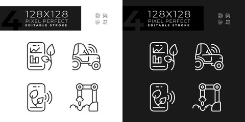Agricultural technologies linear icons set for dark, light mode. Modern farming. Farm equipment. Agritech startup. Thin line symbols for night, day theme. Isolated illustrations. Editable stroke