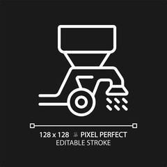 Seed drill white linear icon for dark theme. Modern tractor. Farm equipment. Spreader machine. Broadcast seeder. Planting grain. Thin line illustration. Isolated symbol for night mode. Editable stroke