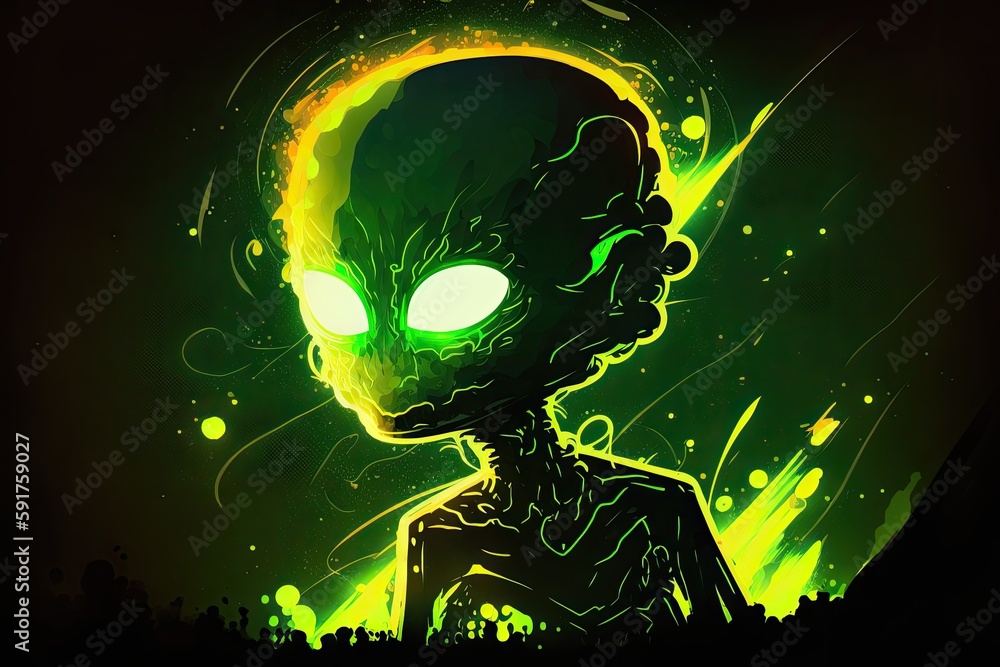 Poster mysterious extraterrestrial being with luminescent eyes and a dark figure. generative ai