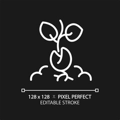 Germination white linear icon for dark theme. Seedling sprouting from soil. Plant growth stage. Organic horticulture. Thin line illustration. Isolated symbol for night mode. Editable stroke