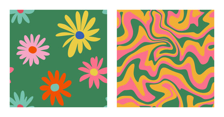 1970 Daisy Flowers, Wavy Swirl Seamless Pattern Pack in Green, Orange, Pink, Yellow Colors. Hand-Drawn Vector Illustration. Seventies Style, Groovy Background, Wallpaper. Flat Design, Hippie Aesthetic
