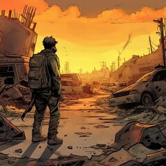 illustration on the theme of survivors of war. AI generated art.