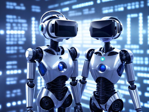 Two white robots with VR glasses. Cyborg android artificial intelligence enjoying virtual reality. Generative AI
