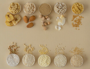Various gluten-free flours - chickpeas, brown rice, green buckwheat, almonds, coconut, banana,...