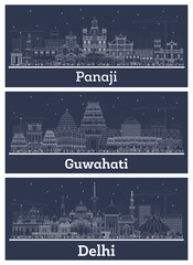 Outline Guwahati, Delhi and Panaji India City Skyline Set with White Buildings. - obrazy, fototapety, plakaty