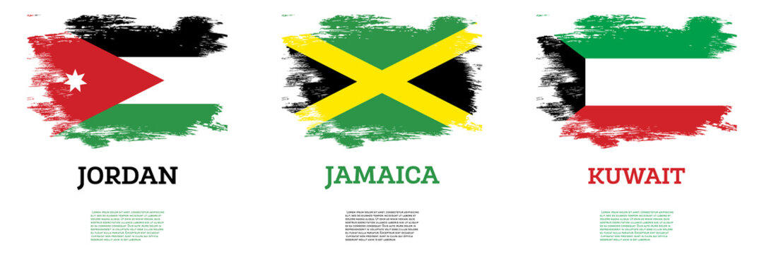 Jordan, Kuwait and Jamaica Flags Set with Brush Strokes.