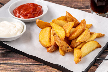 Potato wedges with ketchup and mayonnaise on wooden table