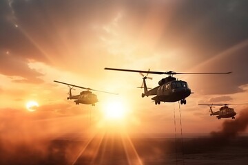 Illustrations of helicopters extinguishing a fire or working in a combat zone. Against the background of the sunset. Generative AI image