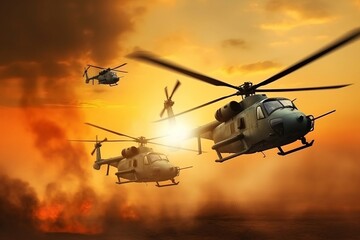 Naklejka na ściany i meble Illustrations of helicopters extinguishing a fire or working in a combat zone. Against the background of the sunset. Generative AI image